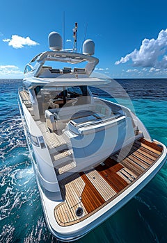 Wide angle shot of large luxury motor yacht