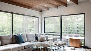 Wide Angle Shot of Modern House Sunroom Living Area with Mid-Century Minimalistic Interior Design and Open Concept Layout.