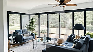 Wide Angle Shot of Modern House Sunroom Living Area with Mid-Century Minimalistic Interior Design and Open Concept Layout.