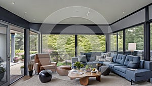 Wide Angle Shot of Modern House Sunroom Living Area with Mid-Century Minimalistic Interior Design and Open Concept Layout.