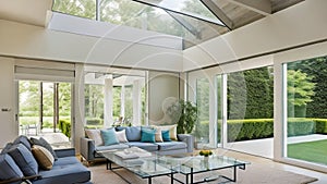 Wide Angle Shot of Modern House Sunroom Living Area with Mid-Century Minimalistic Interior Design and Open Concept Layout.