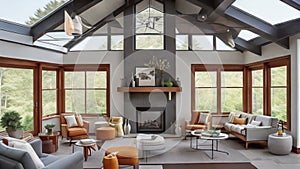 Wide Angle Shot of Modern House Sunroom Living Area with Mid-Century Minimalistic Interior Design and Open Concept Layout.