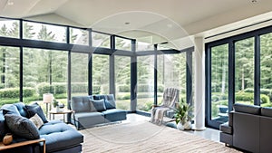 Wide Angle Shot of Modern House Sunroom Living Area with Mid-Century Minimalistic Interior Design and Open Concept Layout.
