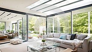 Wide-Angle Shot of Modern House Sunroom Living Area with Mid-Century Minimalistic Interior Design and Open Concept Layout .