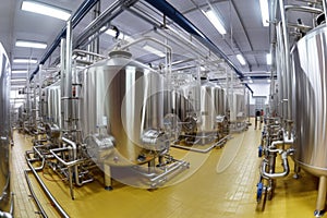 wide-angle shot of multiple pasteurization tanks in factory