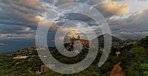 Wide angle shot of Notre Dame de la Serra at sunset