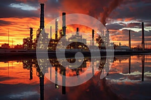 wide-angle shot of oil refinery at sunset