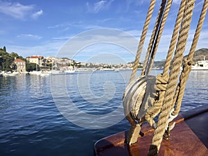 Wide angle shot from an old sailboat winch and ropes in Port GruÃÂ¾, Dubrovnik, Croatia photo