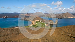 A wide angle shot of pinnacle rock and isla bartolome in the galapagos