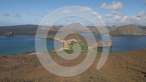 A wide angle shot of pinnacle rock and isla bartolome in the galapagos