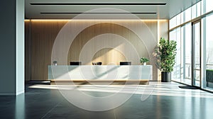 Wide angle shot of a reception desk in a corporate office, empty wall behind desk, natural light AI Generated