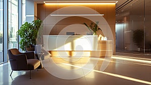 Wide angle shot of a reception desk in a corporate office, empty wall behind desk, natural light AI Generated