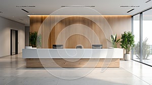 Wide angle shot of a reception desk in a corporate office, empty wall behind desk, natural light AI Generated