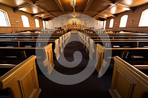 wide-angle shot of rows of chapel seats