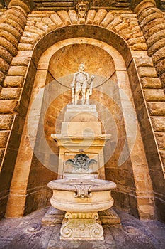 A wide angle shot of a sculpture in the cortyard of Palazzo Pitti Pitti Palace in Florence