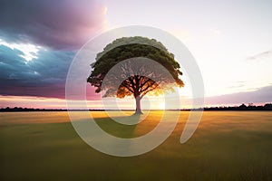 A wide angle shot of a single tree growing under a clouded sky during a sunset surrounded by grass generated by ai