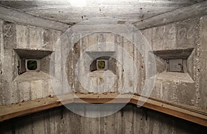 Wide angle shot of a small room in Fulunaes bunker in Sweden