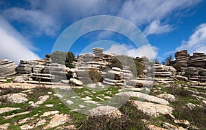 Wide angle view, Jurassic karst rock formations, El Torcal, Antequera, Spain.