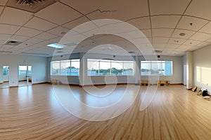 wide angle shot of spacious, unoccupied yoga studio