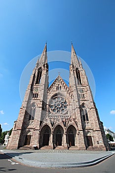 Wide angle shot of St. Paul`s Church of Strasbourg a major Gothic Revival architecture