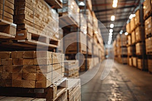 Wide angle shot of timber stockpiles in a warehouse with blurred foreground and clear background.. AI generated.