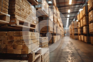 Wide angle shot of timber stockpiles in a warehouse with blurred foreground and clear background.. AI generated. photo