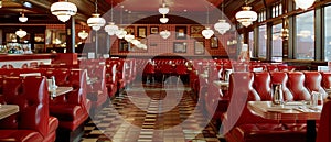 Wide-angle shot of a vintage diner interior featuring red booths, tiled floors, and retro decor that evoke a sense of