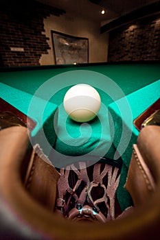 Wide angle shot white ball in billiard pocket