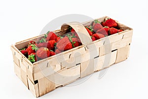Wide angle shot of a wooden box full of red ripe strawberries isolated on white background. Harvesting summer fruits