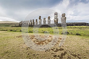 Wide angle view of the 15 moai of Tongariki