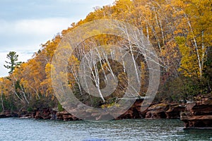 Wide angle view of the Apostle Islands Mainland Sea Caves near Meyers Beach during the fall