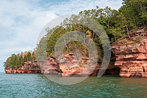 Wide angle view of the Apostle Islands Meyers Beach sea caves in the fall season