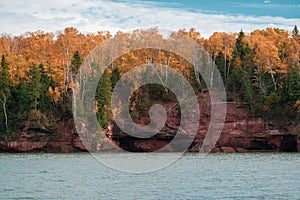 Wide angle view of Apostle Islands Meyers Beach sea caves in the fall season