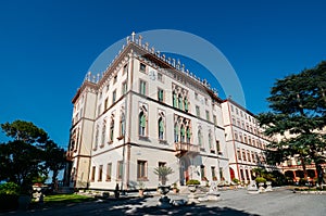 Wide angle view of beautiful and classy villa on Lake Garda shore, Lombardy, Italy