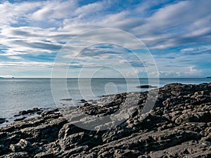 Wide-angle view of blue sky white sand beach in clear air sunny day. a white seagull fly through the clear blue sky. tourism in