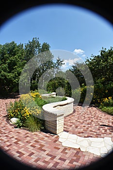 Wide angle view of brick pathway