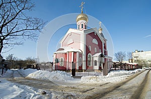 Wide angle view of Church of the Holy Martyrs Faith, Hope, Charity and their mother Sophia in Obninsk