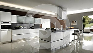 A wide angle view of contemporary modern kitchen idea design