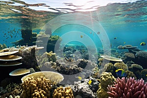 wide-angle view of coral reef during spawning