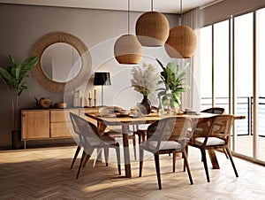 Wide-angle view of the dining room Interior of a chic and refined dining room and dining set with a dining table