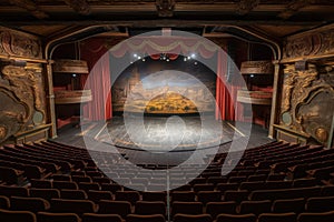 wide-angle view of an empty theater stage from the balcony