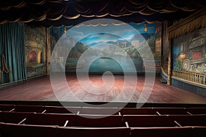 wide-angle view of an empty theater stage from the balcony