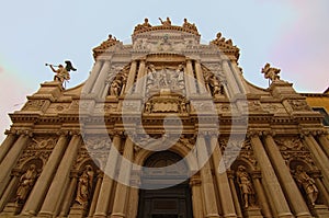 Wide-angle view of the finest Venetian Baroque facade of the Church of Santa Maria Zobenigo.