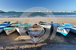 Wide angle view of fishing boats of Mazatlan, Mexico