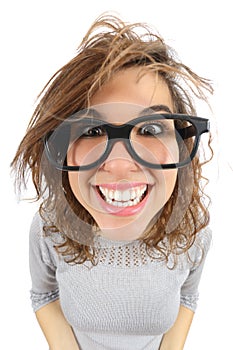 Wide angle view of a geek woman with glasses smiling