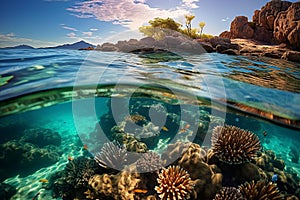 A wide-angle view of the Great Barrier Reef in Australia, showcasing its vibrant marine life and s