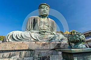 Wide angle view of The Great Buddha (Daibutsu) of Kamakura, Japan