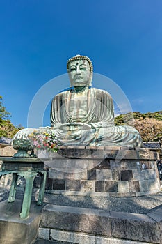 Wide angle view of The Great Buddha (Daibutsu) of Kamakura, Japan