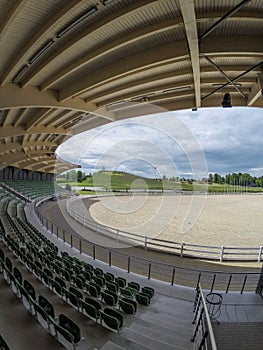 Wide angle view of hippodrome in Harmony park, Lithuania