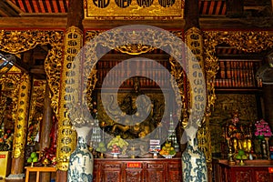 Wide angle view of Ho Quoc pagoda (Vietnamese name is Truc Lam Thien Vien) with big statue of guanyin bodhisattva on mount, Phu